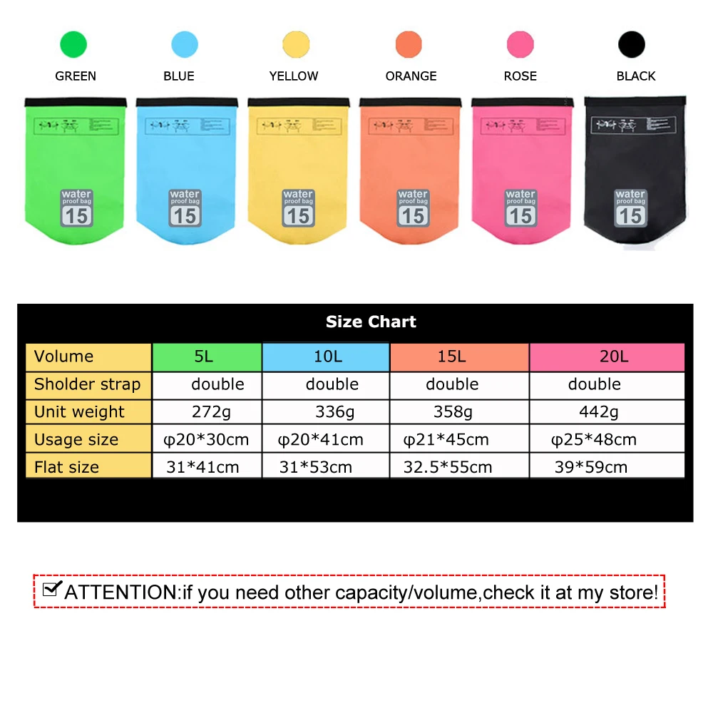 15L impermeable resistente al agua bolsa seca saco de almacenamiento paquete bolsa natación kayak piragüismo río Trekking pesca doble correas