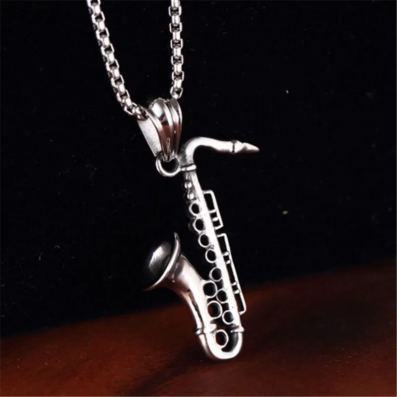 Мода Рок Уникальный саксофон труба кулон ожерелье для мужчин мальчиков 316L Титан Нержавеющая сталь Мужчины Подарок Ювелирное Украшение для ночного клуба