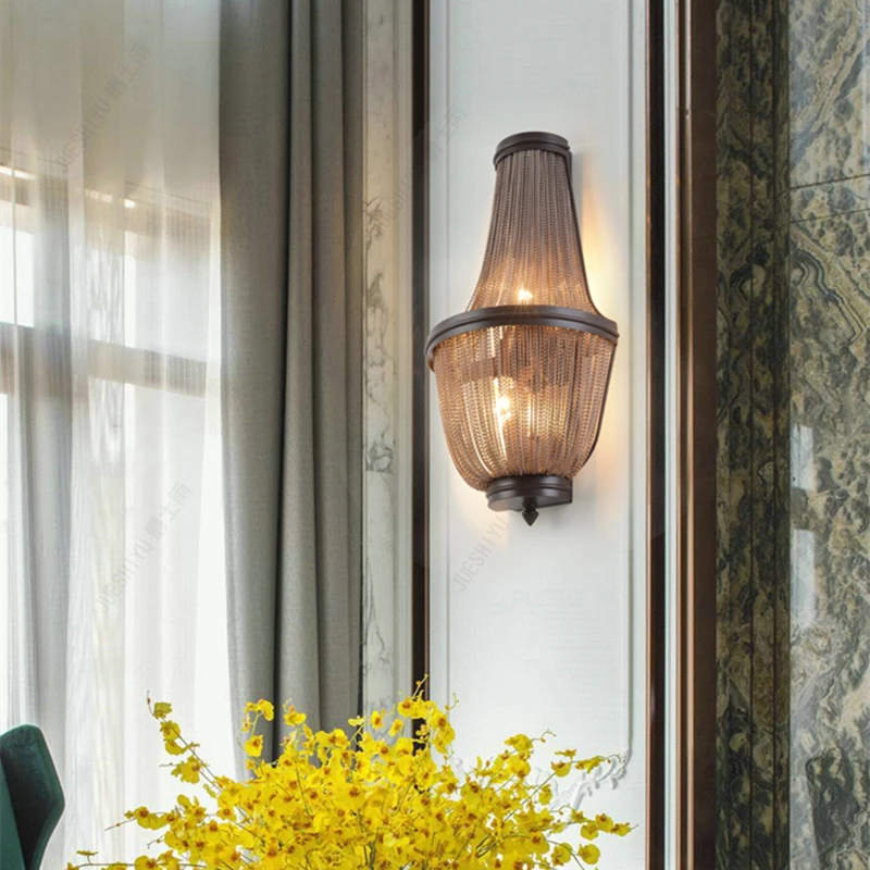 Американская Ретро промышленная ветровая алюминиевая цепочка из латуни настенная лампа для гостиной спальни фоновая настенная бра светильники