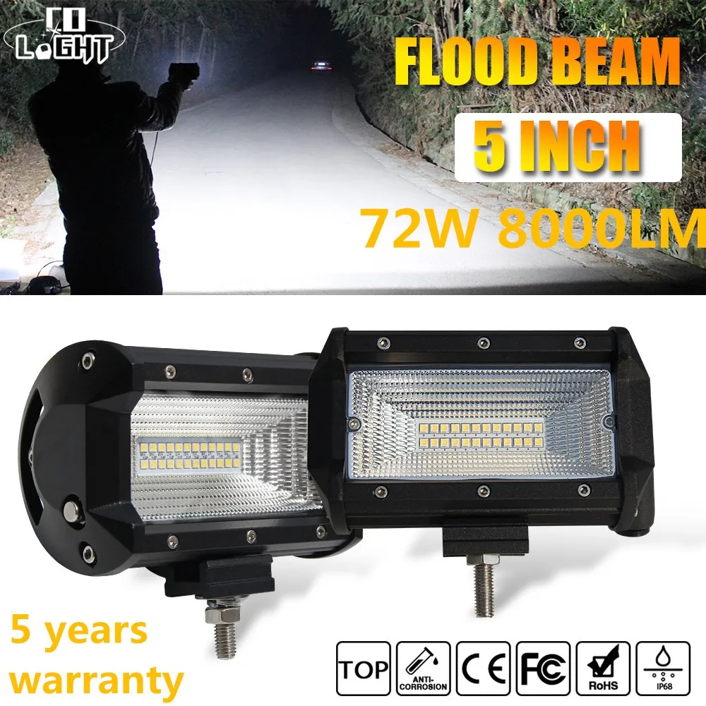 CO LIGHT LED Bar 5 inch 72W LED Work Light Bar Flood Auto Driving Light for