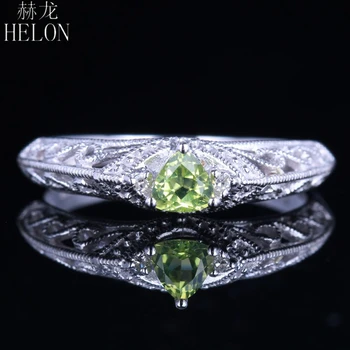 

HELON Solid 14K White Gold Trillion Cut 0.26ct Natural Peridot Diamonds Ring Engagement Wedding Filigree MIlgrain Fine Jewelry