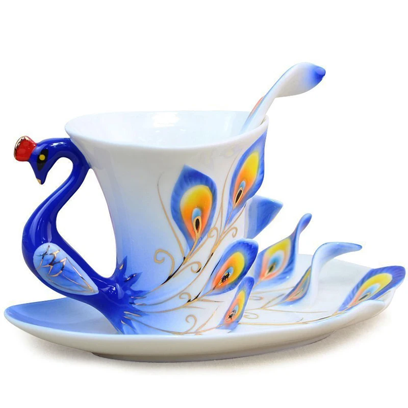 

3D Creative Enamel Color Peacock pocelain Drinkware Ceramic Coffee Cup Set Unique Gift 3 pieces