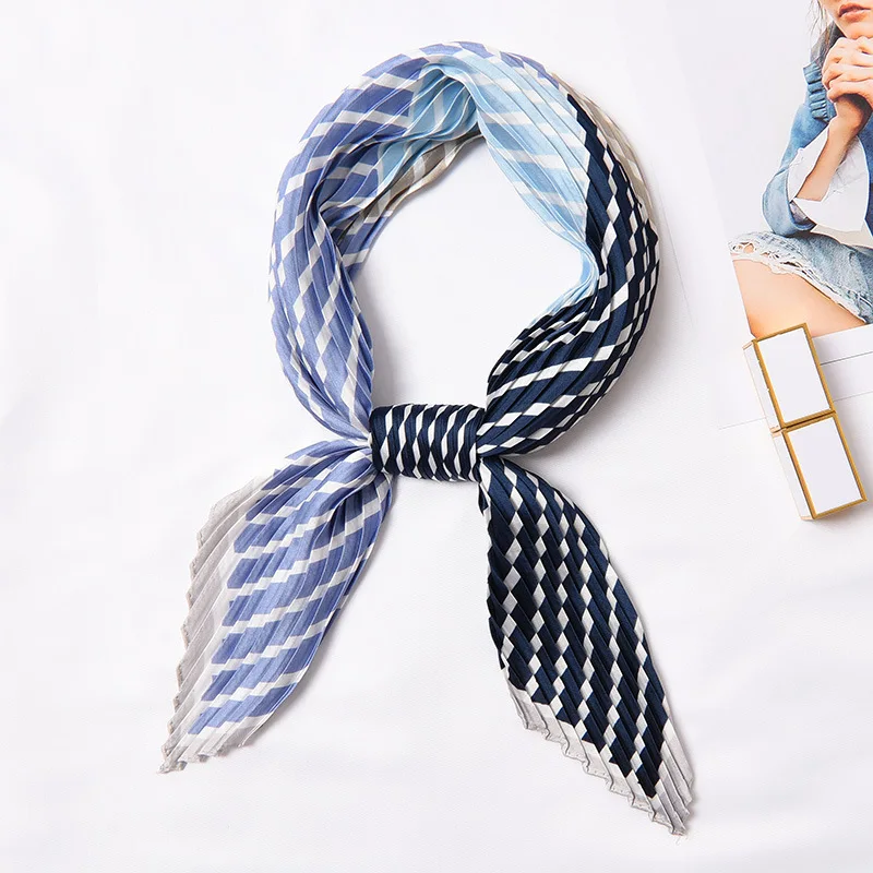 

Women Silk Bandana Crinkle Neck Scarf Square Foulard Small Headband Pleating Silk Sation Print Stripe Neckwear NEW [3948]