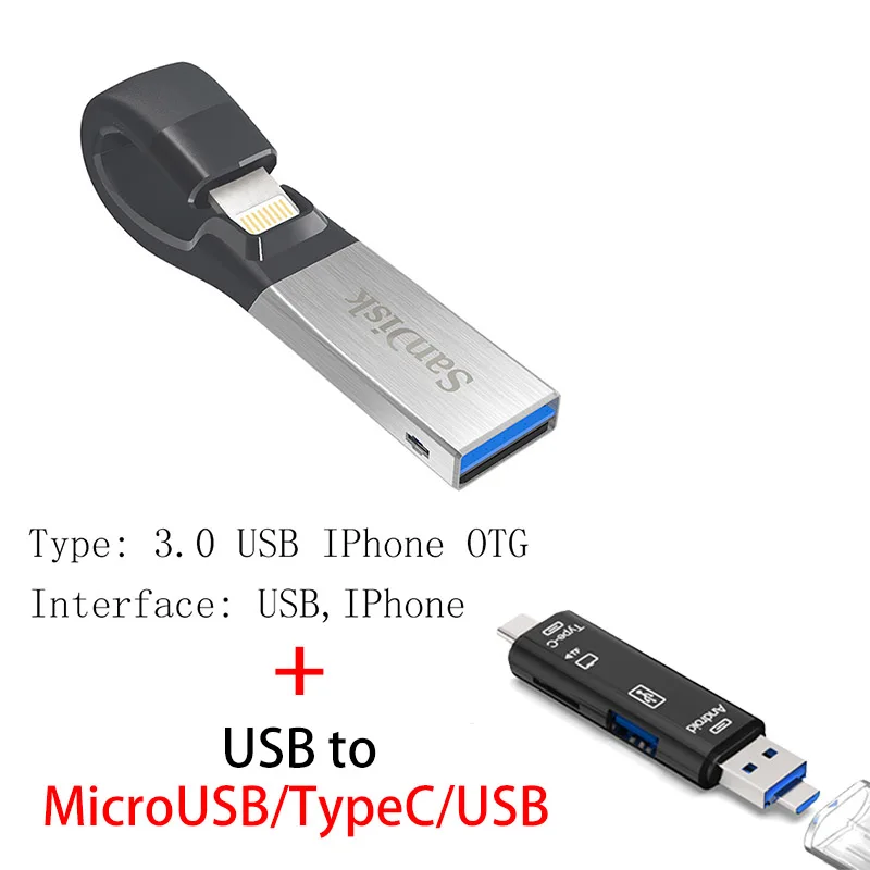 SanDisk флеш-накопитель USB 3,0 SDIX30N 256 ГБ 128 Гб 64 ГБ 32 ГБ 16 ГБ флеш-накопитель с двойным интерфейсом для iPhone iPad iPod APPLE - Цвет: IX30N Y211