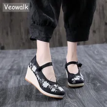 Veowalk Vegan, zapatos de plataforma de cuña de lona bordados, cómodos, de algodón, Vintage, para mujer, tacones altos informales con cuña