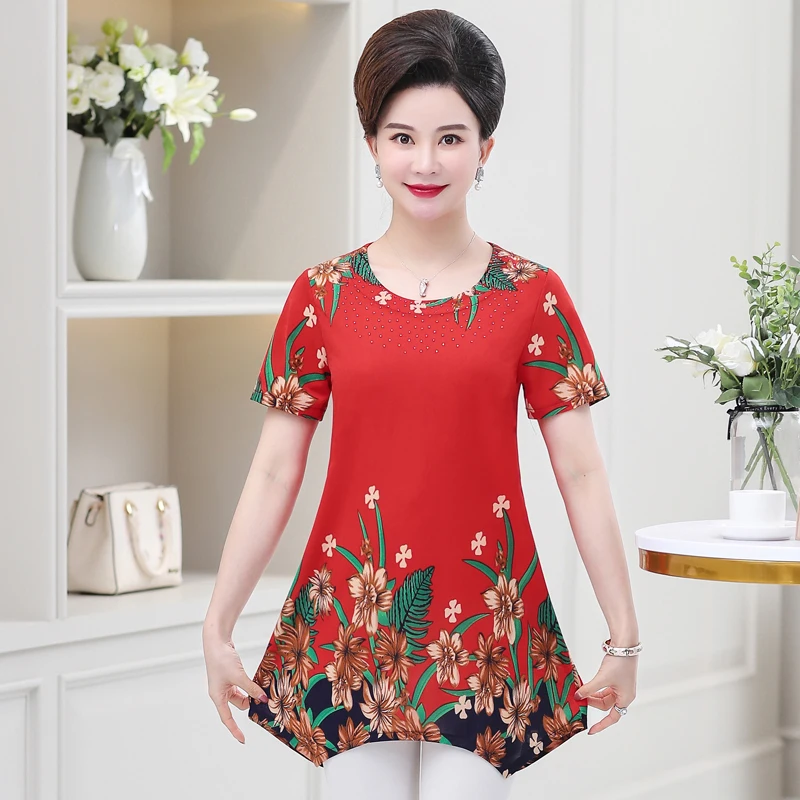 

Casual Floral Plus Size Summer Clothing Short Sleeve T-Shirt For Women Middle Age Mother O-Neck Printed Top Bottoming Shirt