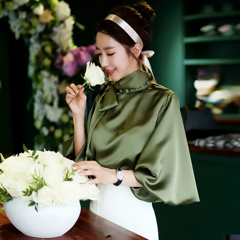 FOLOBE Фонари рукавом атласные рубашки блузка Для женщин на шнуровке Повседневное Блузки Топы Женский Корейская одежда плюс Размеры Весна - Цвет: Армейский зеленый