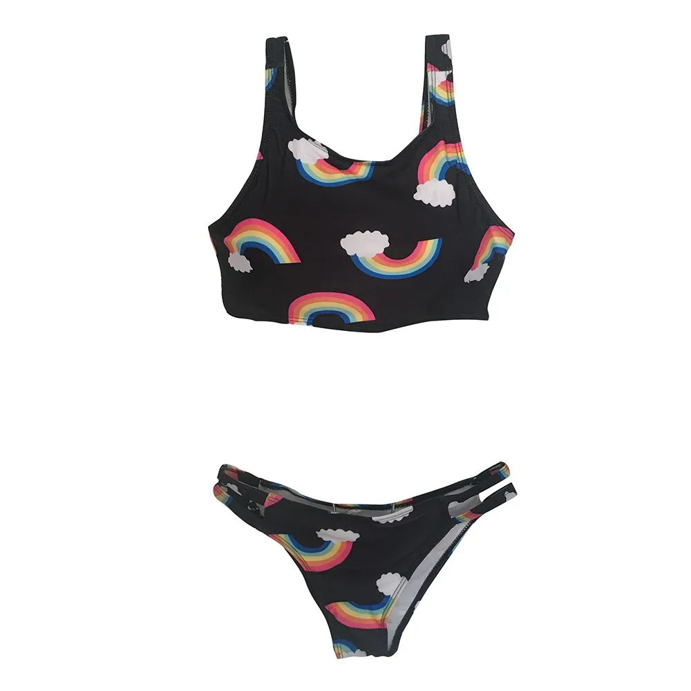 Sex Appeal Sexy Women Bikini Set Rainbow Printing Hang Neck Swimmer Push Up Swimsuit Traje De Baño Mujer