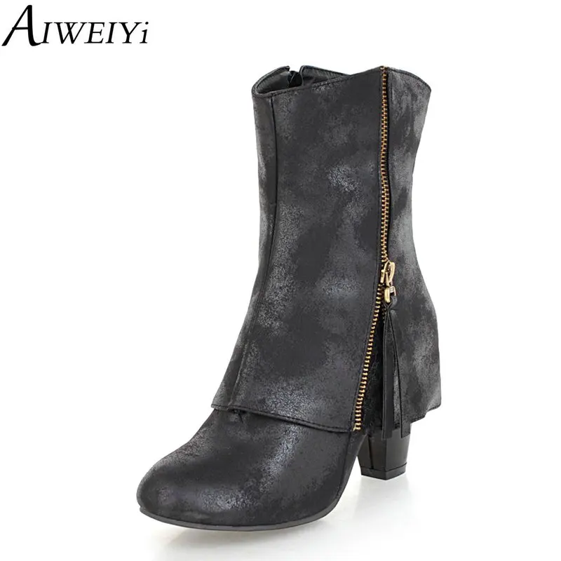 

AIWEIYi PU Leather Mid Calf Boots for Women Thick Heels Platform Shoes Round toe High Heel Shoes Woman Winter Black Booties