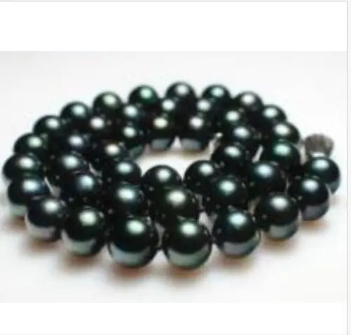 

gorgeous 10-11mm AAA++ round tahitian black green pearl necklace 925s