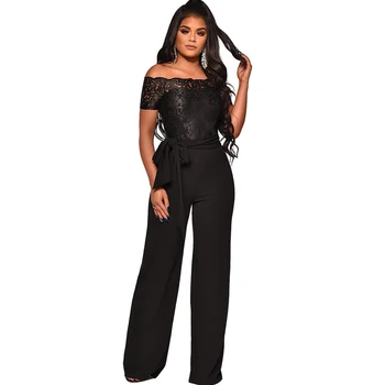 

Summer new women's jumpsuit casual ladies embroidery water soluble lace word collar wide leg jumpsuit