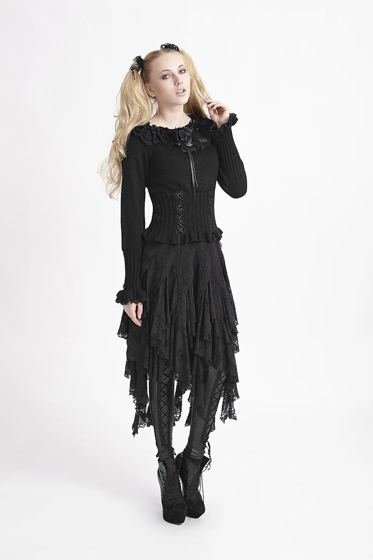 Панк рейв Лолита Черный Полный рукавом кружева с цветочным мотивом и круглым вырезом пуловер LM-001