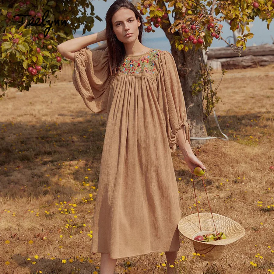 

TEELYNN long dress for women cotton floral embroidery o-neck puff sleeve dresses a-line loose Casual women dresses boho Vestido