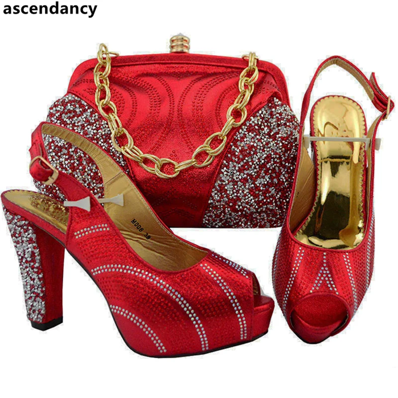 Новейшие женские итальянские вечерние туфли-лодочки и сумочка в африканском стиле; итальянский комплект из обуви и сумки в африканском стиле; комплект из обуви и сумки в нигерийском стиле - Цвет: Красный