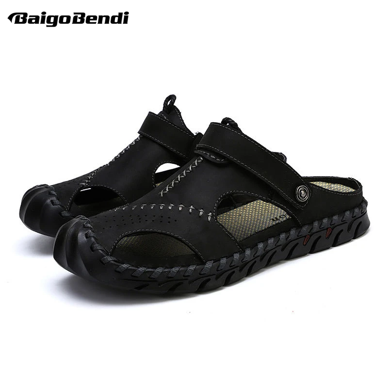 Big Size 6-12 Fisherman Close Toe Slippers Outside Man Summer Real Leather Sport Sandals Nonslip Beach Shoes