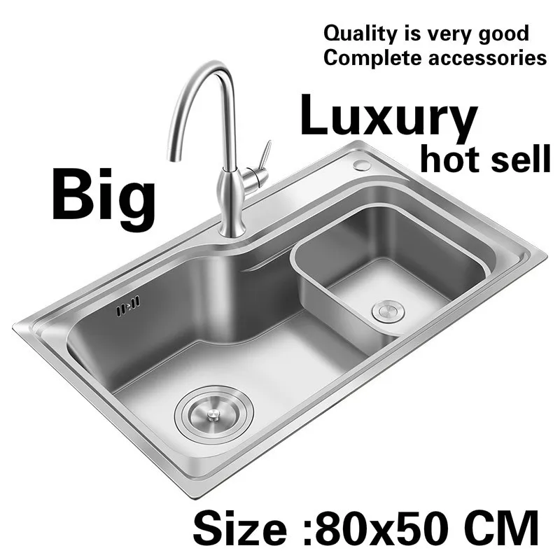 

Free shipping Apartment luxurious big kitchen single trough sink standard food grade 304 stainless steel hot sell 800x500 MM