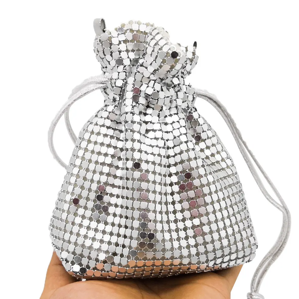 

Silver Metal Satin Evening Bag Beaded Clutch Mini Lucky Bag Designer Aluminum Bucket Evening Bags Coin Purse Children