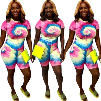 

2019 Tie Dye Print Two Piece Set Short Sleeve Top And Biker Shorts Matching Set Sexy 2 Piece Outfits For Women Tracksuit