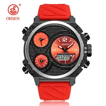 

2018 New OHSEN Fashion Digital Quartz Men Wristwatch Red Rubber Band Date day Multiple Time Zone Outdoor Sport Waterproof Watch