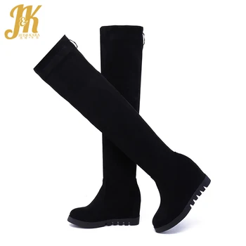 

JK Insert Boots Women Stretch Flock Platform Boot Ladies Round Toe High Heels Shoes Zip Over The Knee Shoes Female Winter 2020