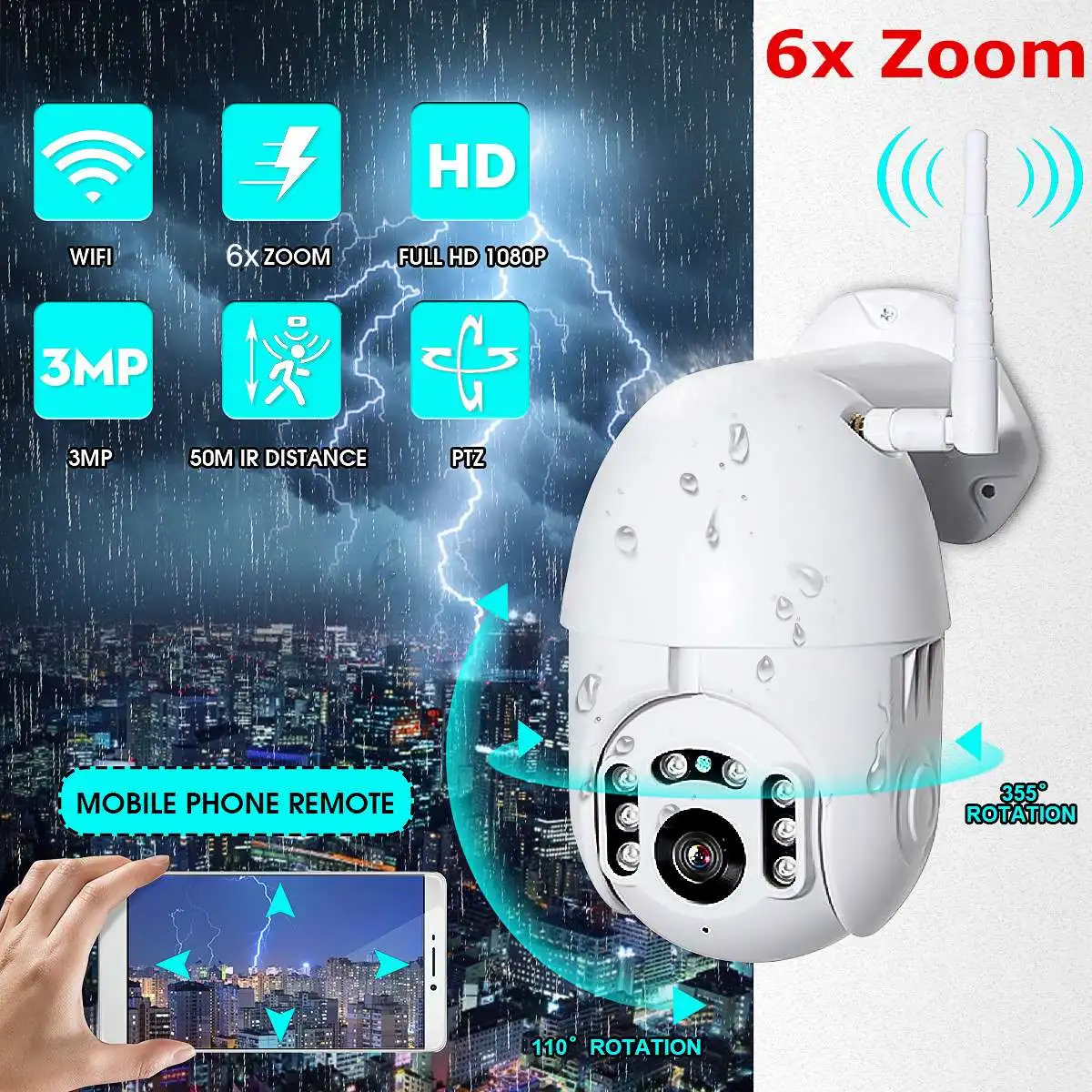 

6X Zoom 1080P HD Mini PTZ IP WiFi Speed Dome Camera Night Vision Motion Detection Security Camera Outdoor Surveillance System