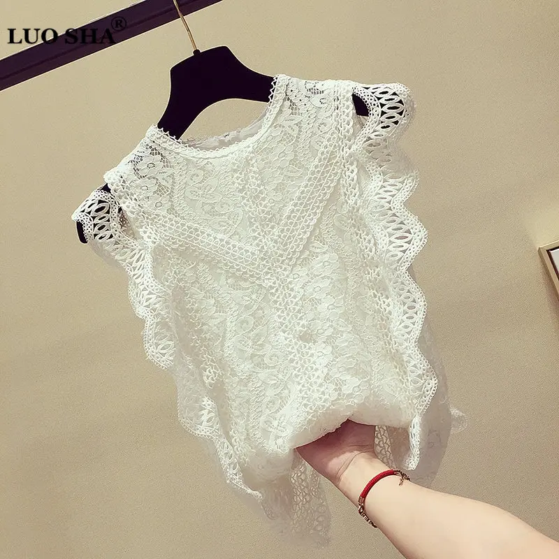 

LUOSHA Women 2019 Ruffles Hollow Out Lace Tops And Sleeveless Blouse Women Fashion Slim Solid Blousas Mujer