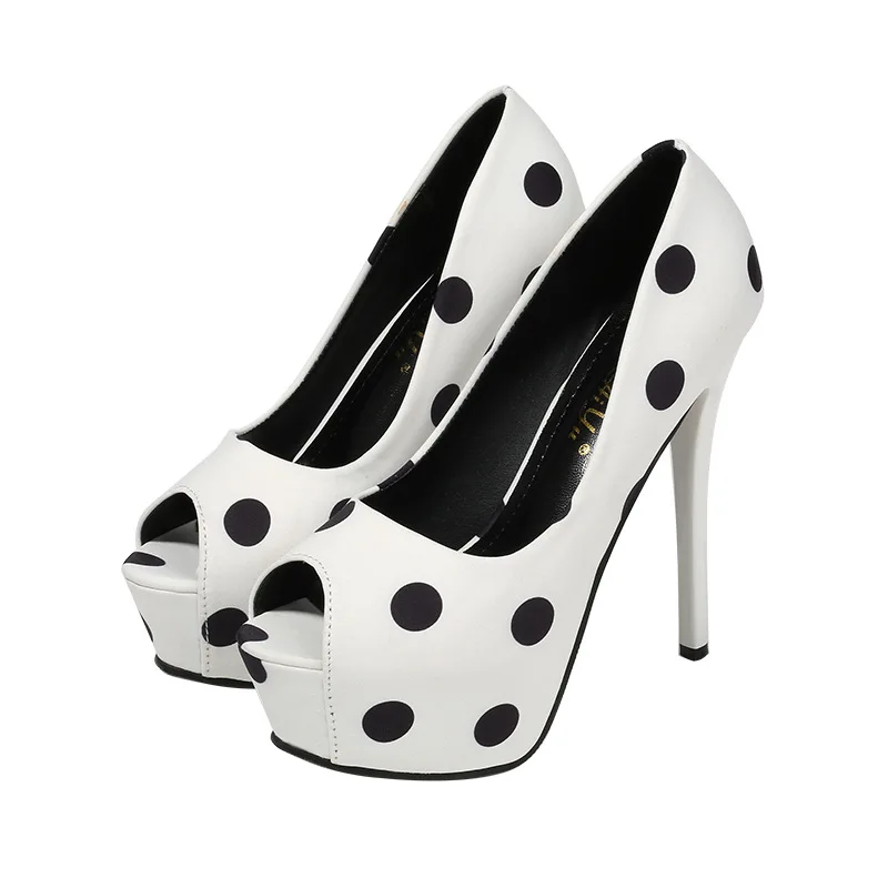 New Platform High Heel Polka Dot Sweet Silk Satin Shallow Mouth Fish Mouth Single Shoes Women Shoes Offwhite Shoes High Heels