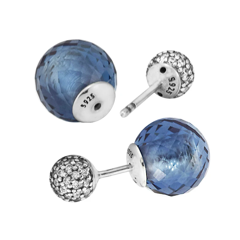 

Authentic 925 Sterling Silver Shimmering Earrings With Midnight Blue Crystals & Clear CZ for Women DIY Fine Jewelry SLE104