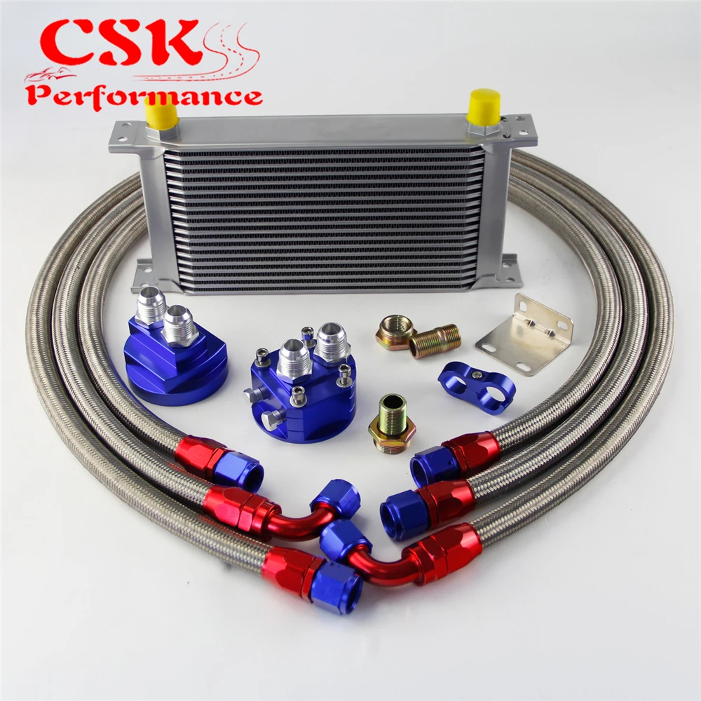 

19 Row AN10 Universal Engine Transmission Oil Cooler British Type + Filter Adapter Kit Blue