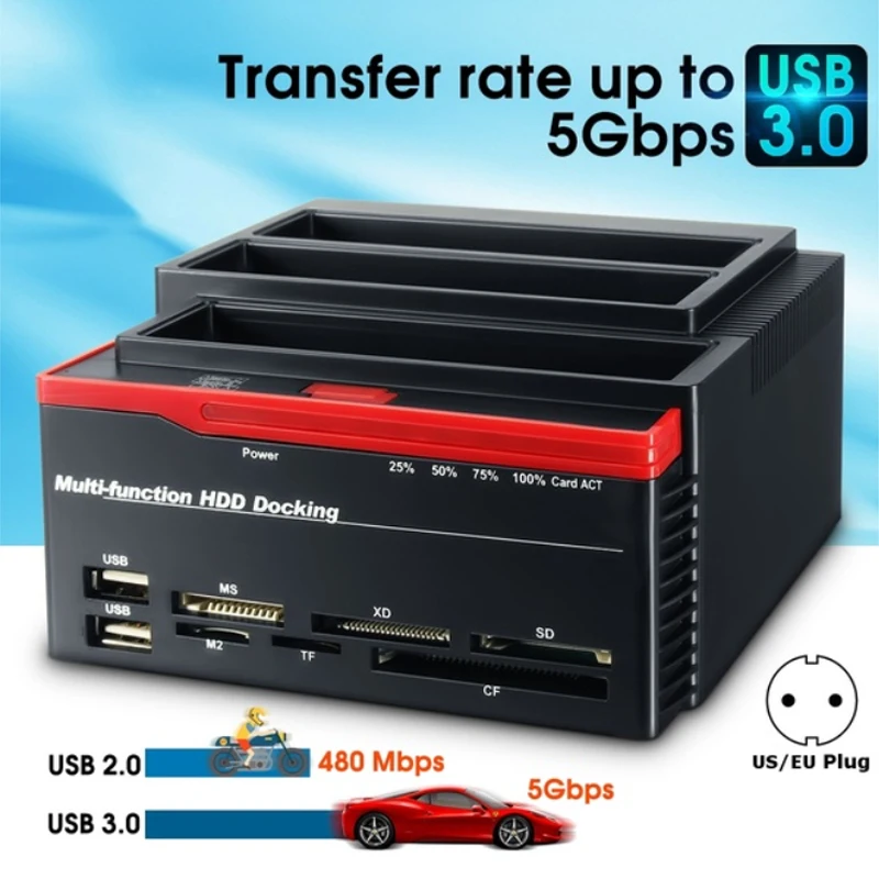 

Multifunction HDD Docking Station 5Gbps Super Speed USB 3.0 to SATA Support TF / SD / MMC / MS / XD for 2.5''/ 3.5" Hard Drive