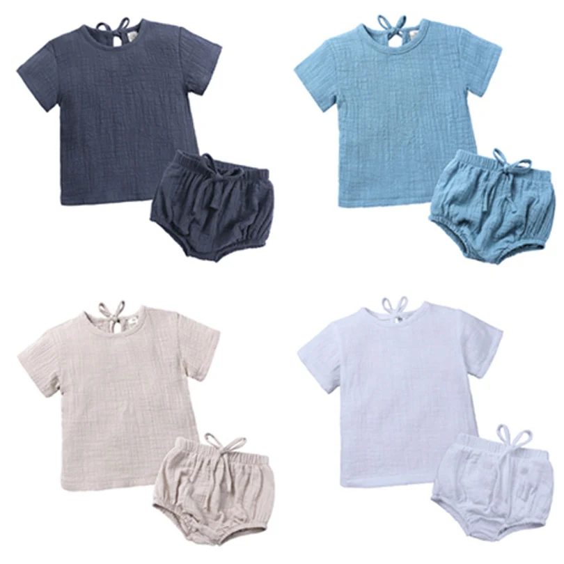

2020 Summer Soft Linen Baby Boys Suits Fashion 2Pcs Kid Girls Sets Casual Tee Shirt+PP Shorts Cute Toddler Children Boy Clothing