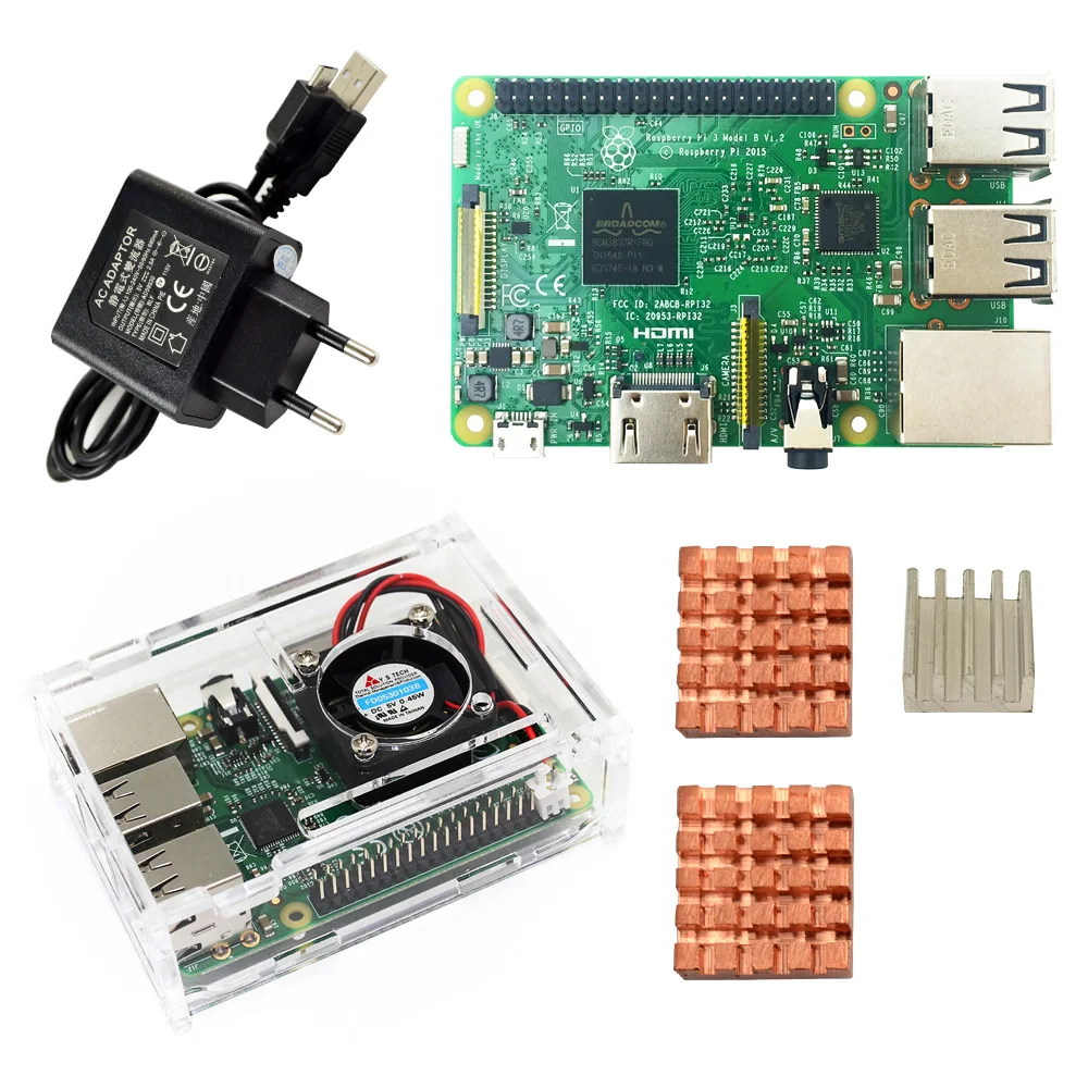 Comprar Kit de iniciación D Raspberry Pi 3 Modelo B placa pi 3 carcasa pi 3 Enchufe europeo disipadores de calor con logo pi3 b pi 3b con wifi y bluetooth