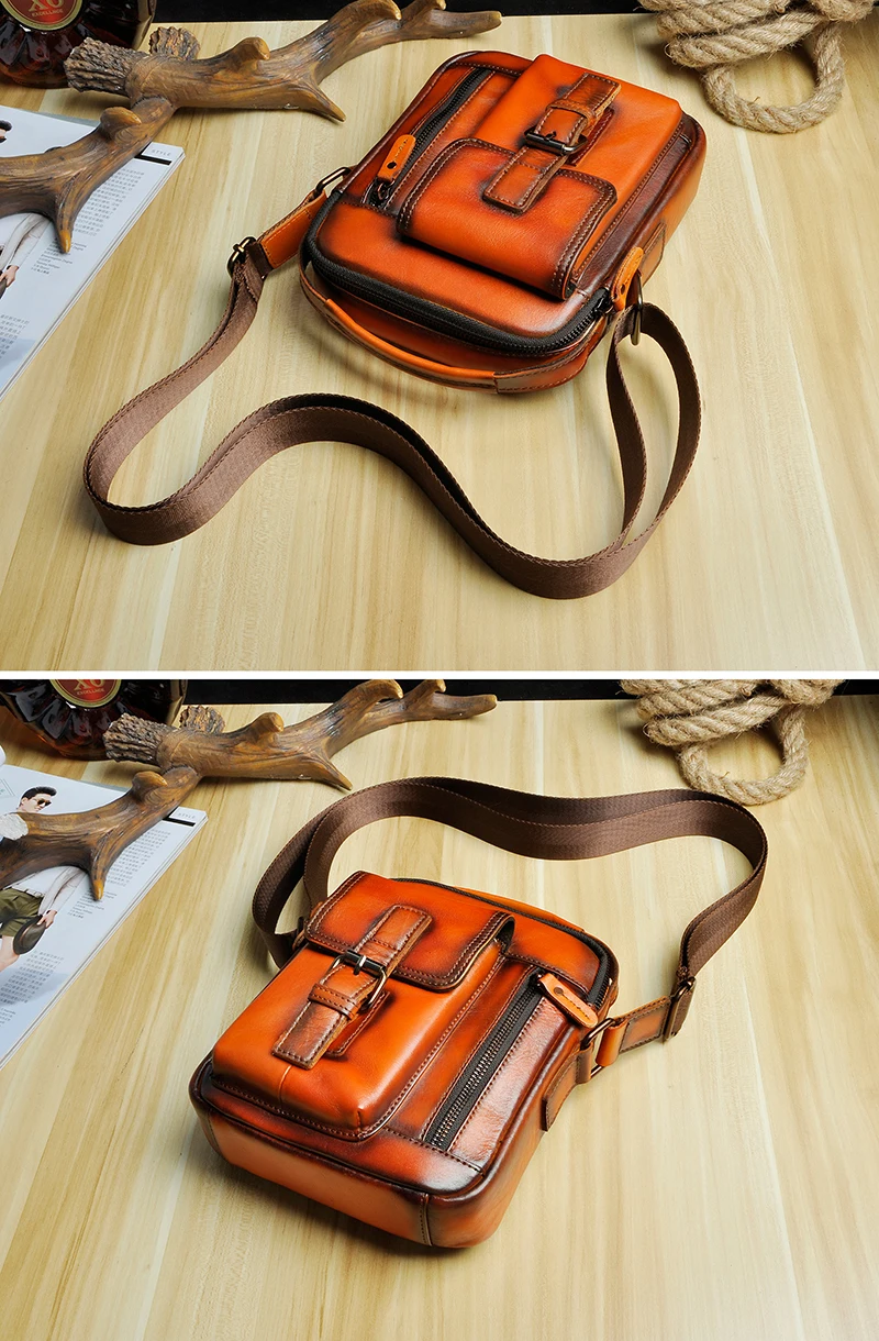 2020 Natural Leather Male Vintage Design Shoulder Messenger bag Fashion Cross-body Bag 8 Tablet Tote Mochila Satchel bag 2070