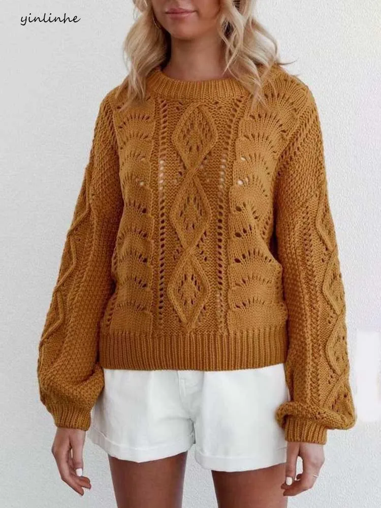 

yinlinhe Khaki Loose Autumn Sweater Women Long Sleeve Hollow Out Fashion Jumpers 2019 O neck Winter Warm Pullovers Women 1219