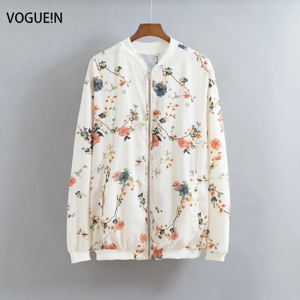 VOGUEIN New Womens White Lightweight Floral Bird Print Baseball Coat Bomber Jacket Wholesale | Женская одежда