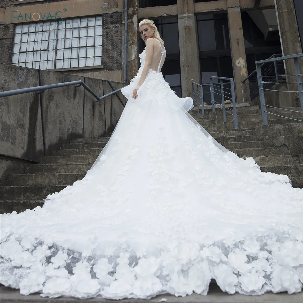 Винтажные Свадебные платья 2019 собор бальное платье для процессии настоящая роскошь цветок свадебное платье с жемчугом Длинные Тюль Vestido де