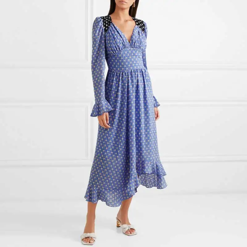 BOHO Вдохновленный синий звезды печатное платье для женщин ruffled макси 2019 весна лето