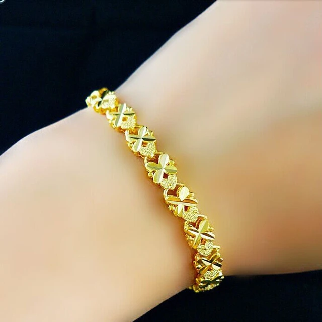 Wholesale Pure gold Color 4MM Flower Heart Bracelet 19CM for Women Girls  Fashion 24k Gold Filled Ladies Wedding Jewelry - AliExpress