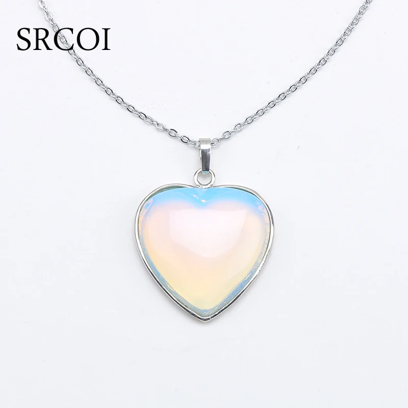 SRCOI New Opal Jewelry Heart Necklace Natural Crystal Stone Necklace
