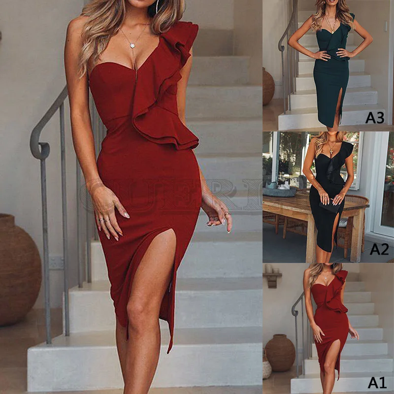 Image Evening Party Dress Women One ShouCUERLYer Ruffles Sleeveless Strapless Club Dress Sexy Slim Hem Split Long Dress