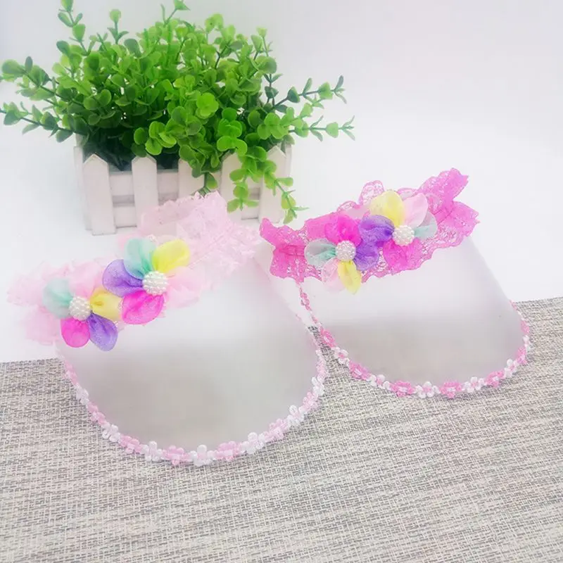 

Princess Girl Summer Transparent PVC Wide Brim Clip-On Sun Hat Ruffle Lace Imitation Pearl Rainbow Flower Empty Top Baseball Cap