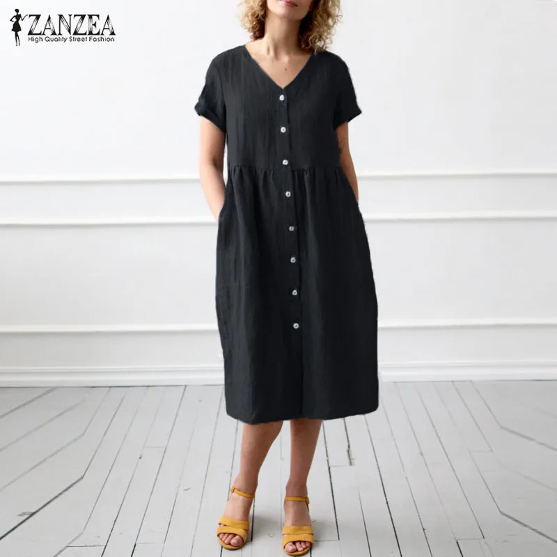 Летнее платье-рубашка с коротким рукавом, ZANZEA, женский сарафан, винтажное льняное платье на пуговицах с v-образным вырезом, Повседневное платье, большие размеры