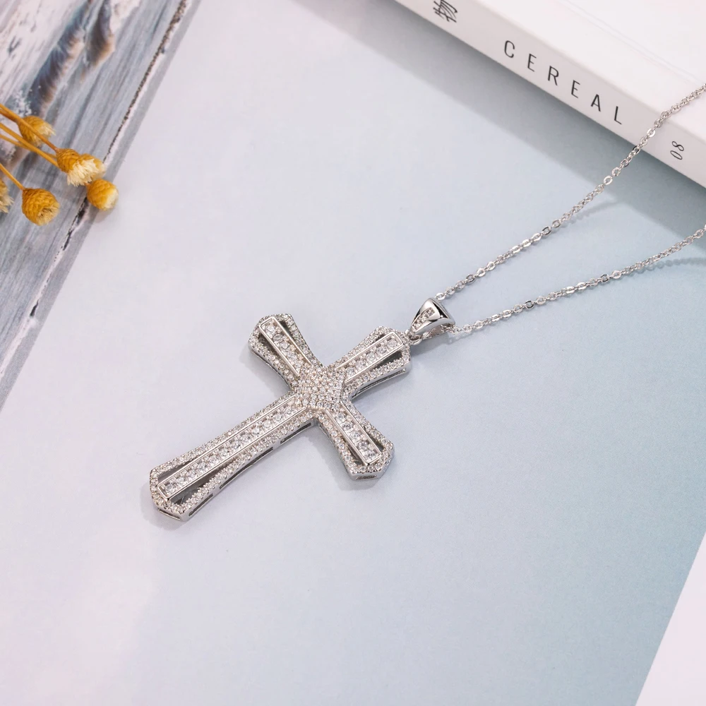 New 925 Silver Exquisite Bible Jesus Cross Pendant Necklace for women men Crucifix Charm Simulated Platinum Diamond Jewelry N021