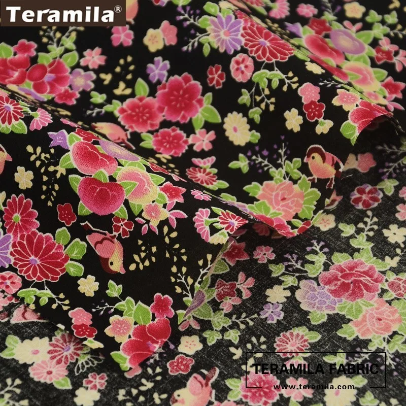 Teramila Cotton Poplin Fabric Black Printed Floral Design Fat Quarter Meter Tissue Quilting Sewing Dress Crafts Home Decoration|tissu quilting|cotton