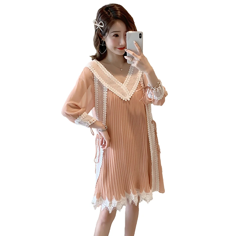 Summer Sleeveless/Long Sleeve Maternity Chiffon Pleated Dress V-neck Lace Patchwork Tassel Hem Pregnant Women Dress Sweet