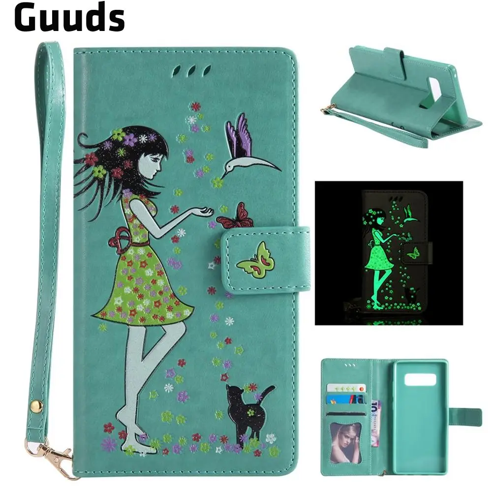 Luminous Flower Girl Cat Leather Wallet Case for Samsung Galaxy Note 8 - Green
