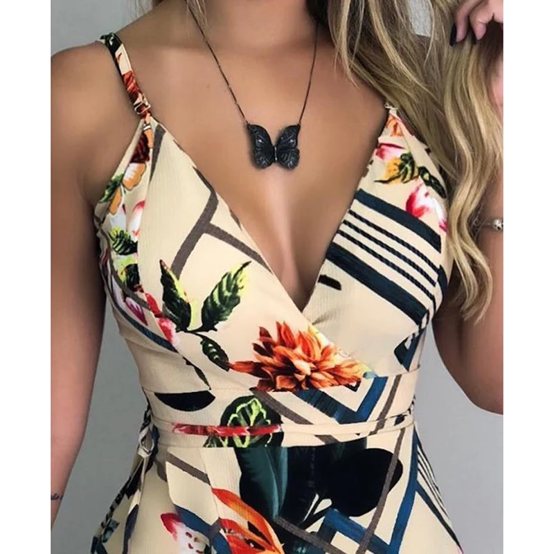 السباغيتي حزام الأزهار طباعة رومبير V الرقبة أكمام بذلة السراويل عالية الخصر ارتداءها مثير بذلة للنساء 2019 Veralls