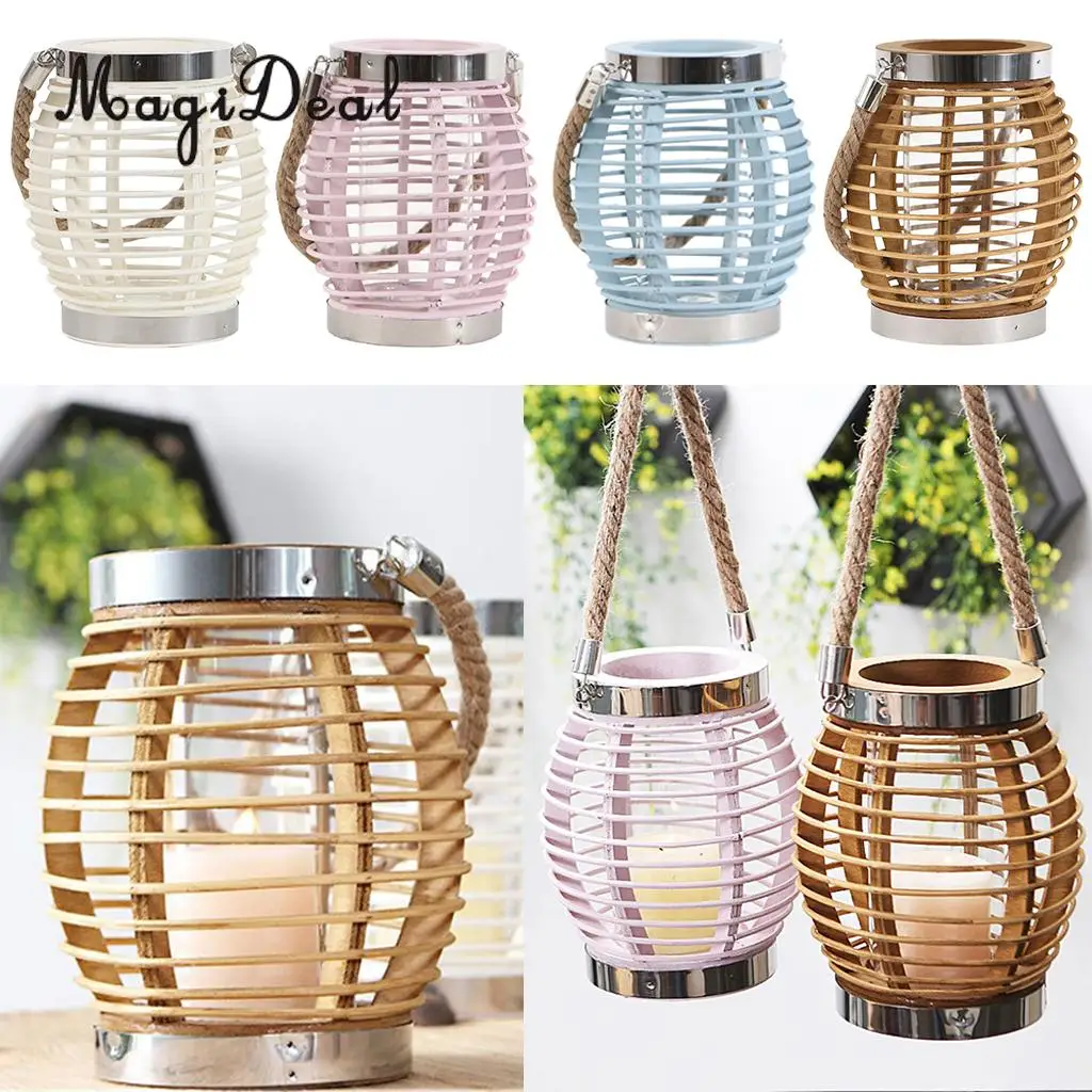 

Rustic Wooden Rattan Candle Lantern Hanging Lamp Wood Decoration Candle Holder Votive Tea Light Candlestick
