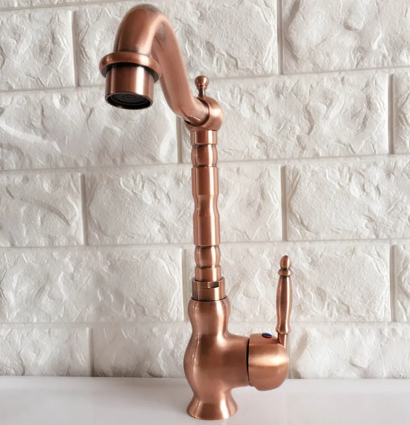 Antique Red Copper Brass Bathroom Kitchen Basin Sink Faucet Mixer Tap Swivel Spout Single Handle One Hole Deck Mounted mnf407