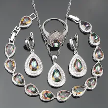 Свадебные 925 пробы серебряные Ювелирные наборы для женщин Свадебные ювелирные изделия с Радужный Цирконий серьги ожерелье кольцо браслет Подарочная коробка